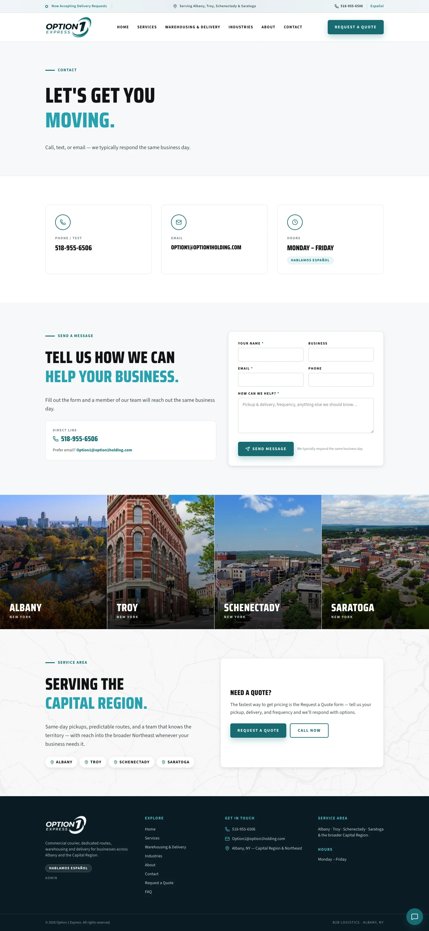 Option 1 Express contact page screenshot