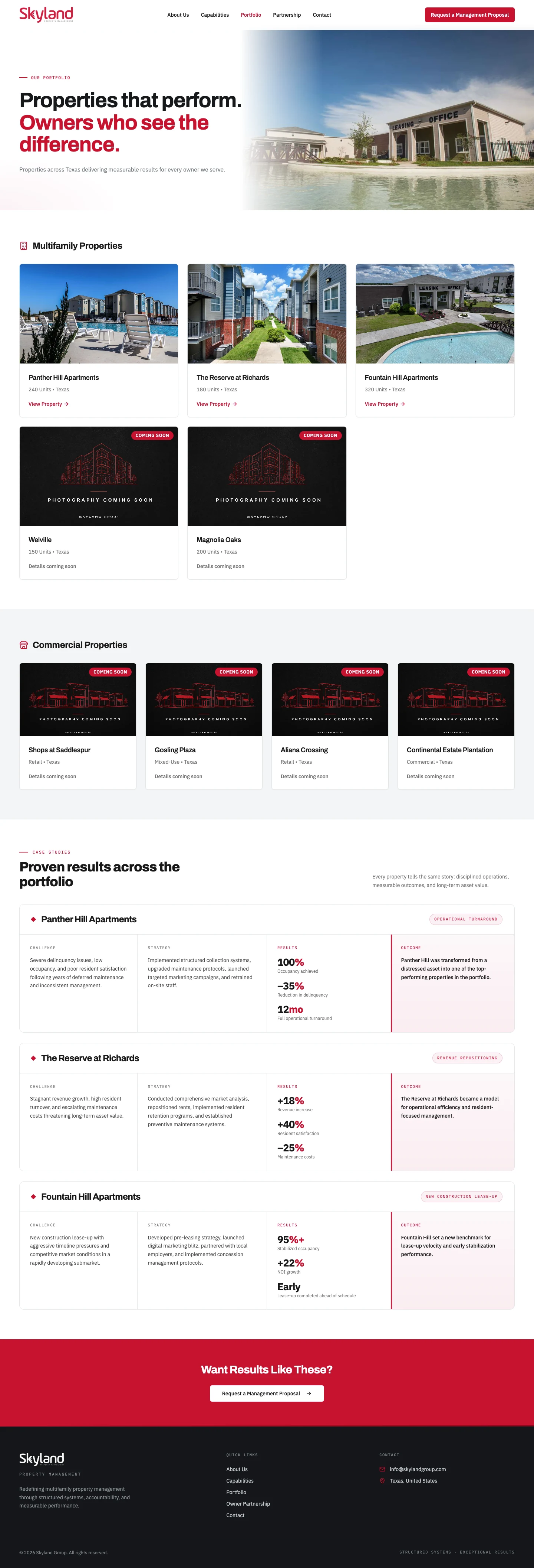 Skyland Property Management portfolio page screenshot